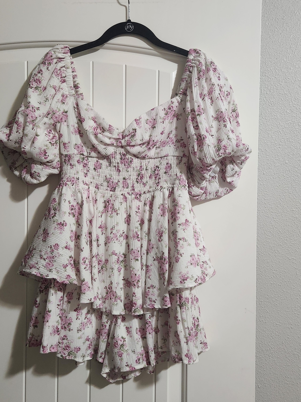 Altar'd State White Romper with Pink Floral Puff Sleeves